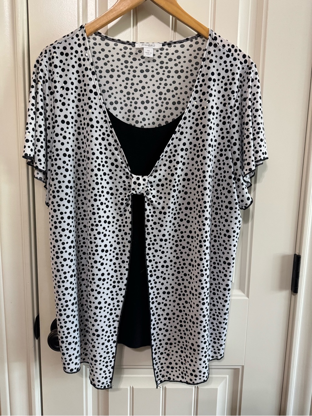 Dressbarn Woman 1X Blouse Top Polka Dot Black White Layered Mock Cardigan